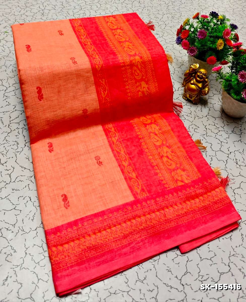 DIGITAL PRINTING KALIYANI LINEN COTTON SAREES - ORANGE