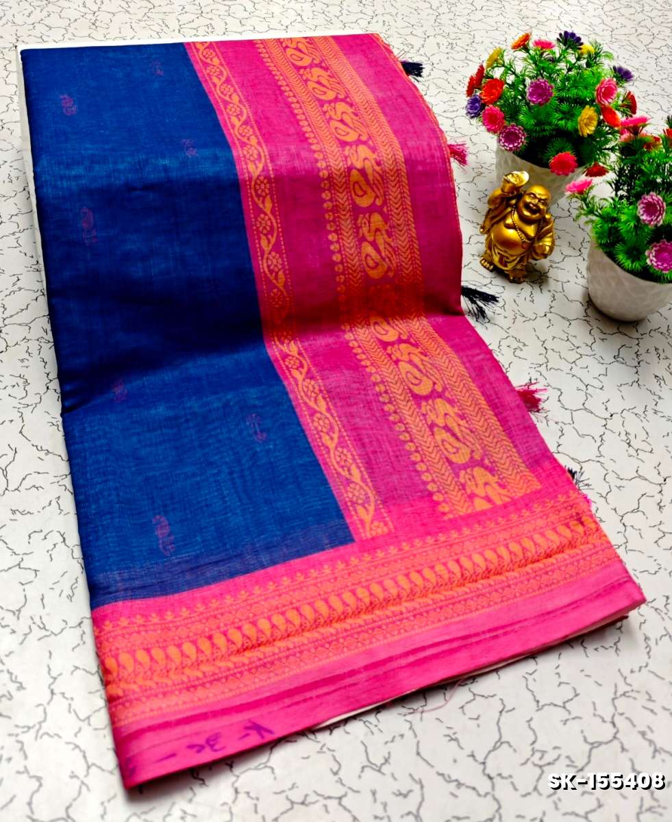 DIGITAL PRINTING KALIYANI LINEN COTTON SAREES - NAVY COLOUR