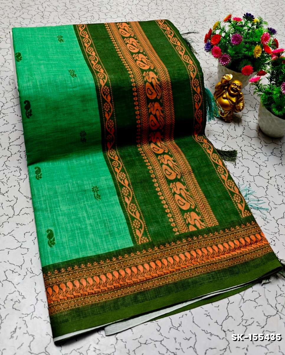 DIGITAL PRINTING KALIYANI LINEN COTTON SAREES - DARK SKY BLUE