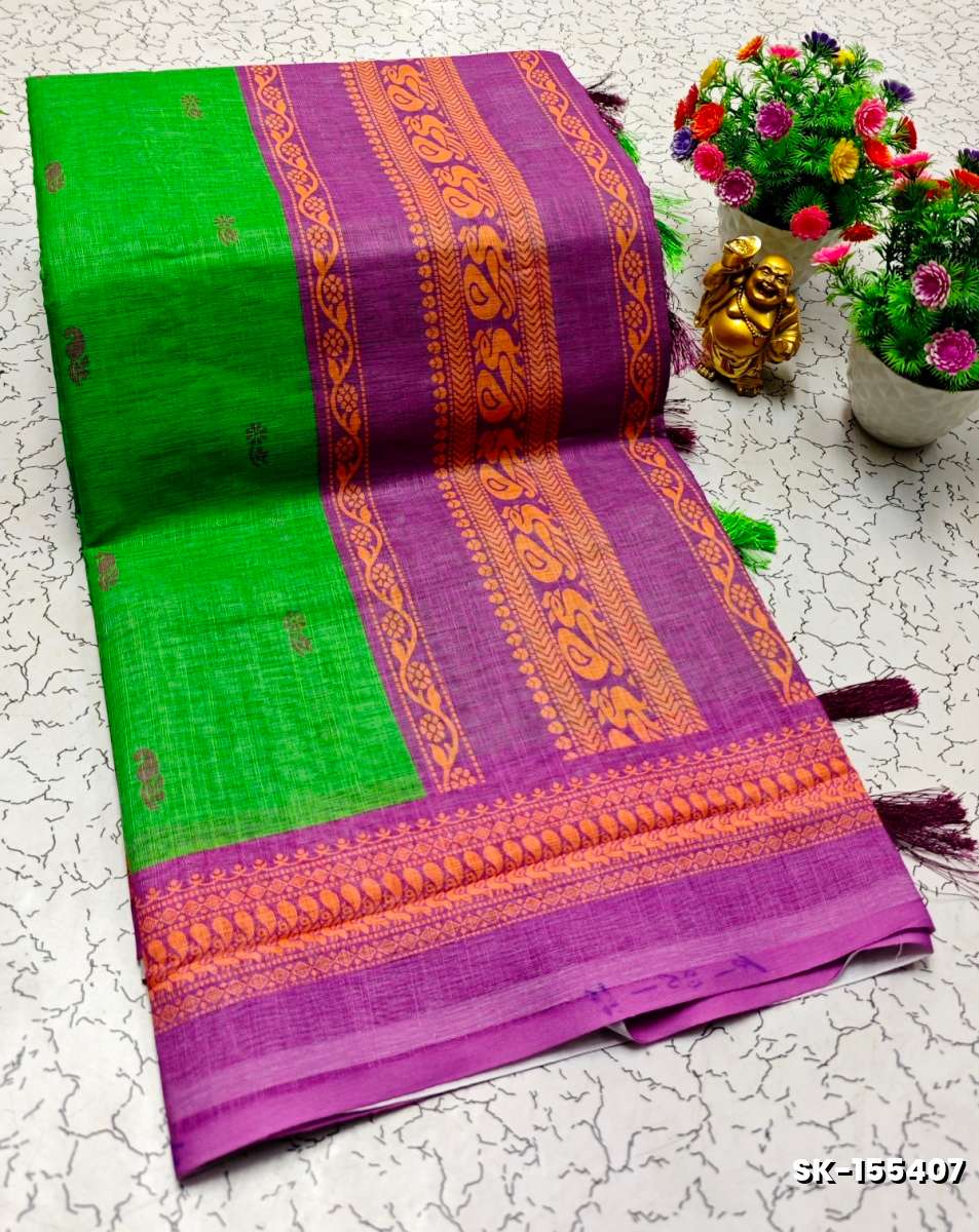 DIGITAL PRINTING KALIYANI LINEN COTTON SAREES - TEAL COLOUR