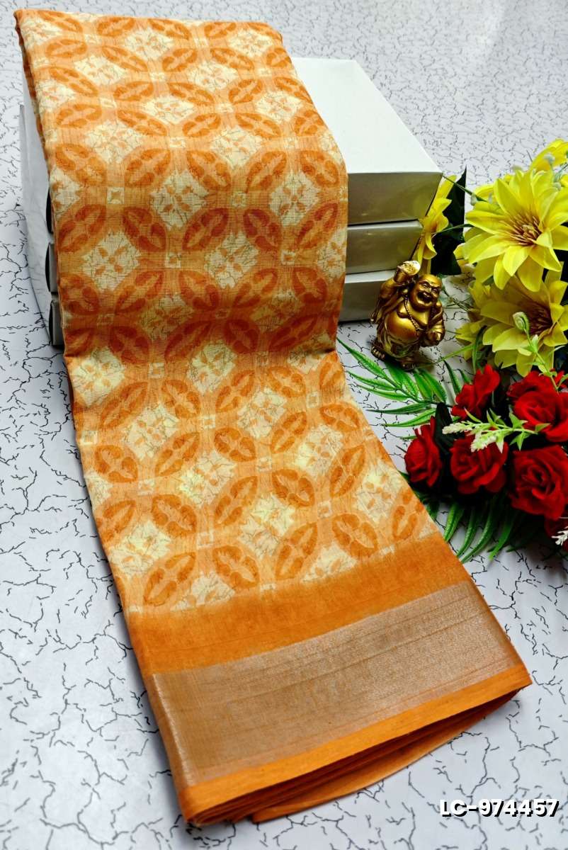 DIGITAL PRINTING LINEN COTTON SAREES - LIGHT ORANGE (2)
