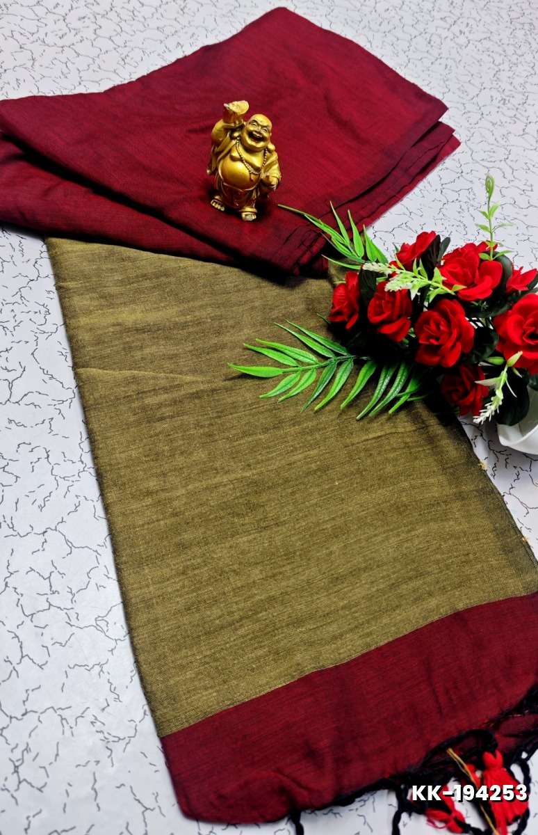 HANDLOOM KHADI COTTON SAREE WITH HAND PAINTED WORK - BROWN