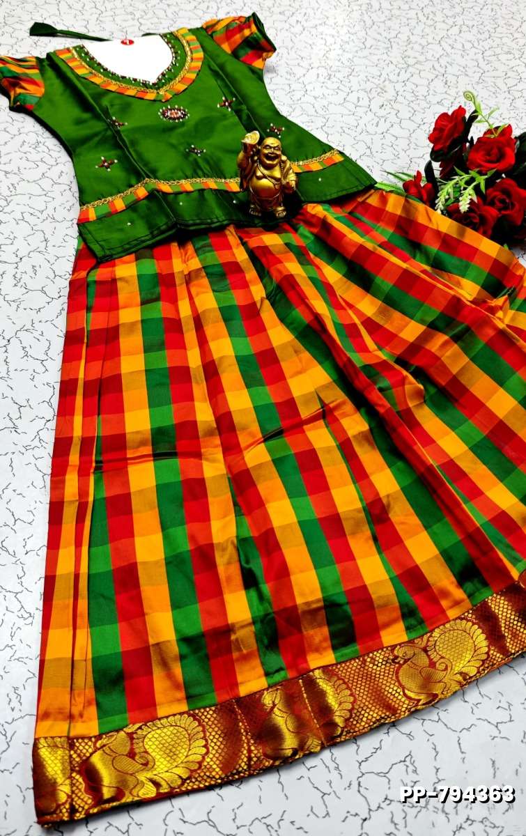 KIDS TRENDY WEAR PATTU PAVADAI SET - GREEN COLOUR (1)