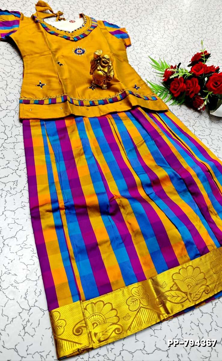 KIDS TRENDY WEAR PATTU PAVADAI SET - GOLD COLOUR (1)