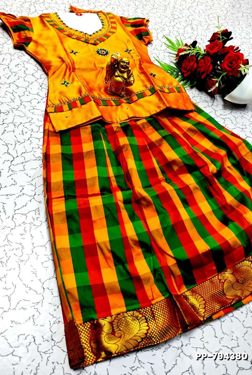 KIDS TRENDY WEAR PATTU PAVADAI SET - TANGERINE COLOUR (1)