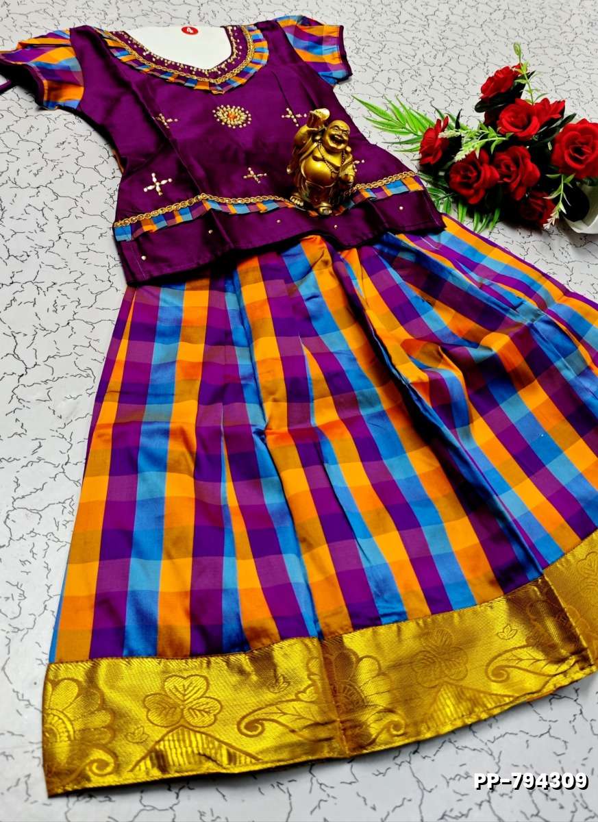 KIDS TRENDY WEAR PATTU PAVADAI SET - PURPLE COLOUR (2)