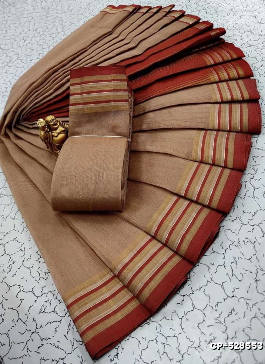 FANCY PLAIN COTTON SOFT SILK SAREES - BROWN
