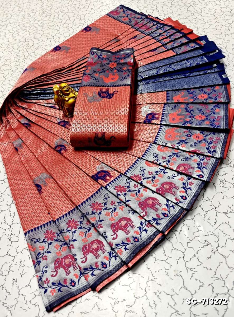 KUBERA PATTU ELITE BRIDAL RAPIER FANCY LIGHT WEIGHT SILK  TYPE SAREES - CORAL COLOUR