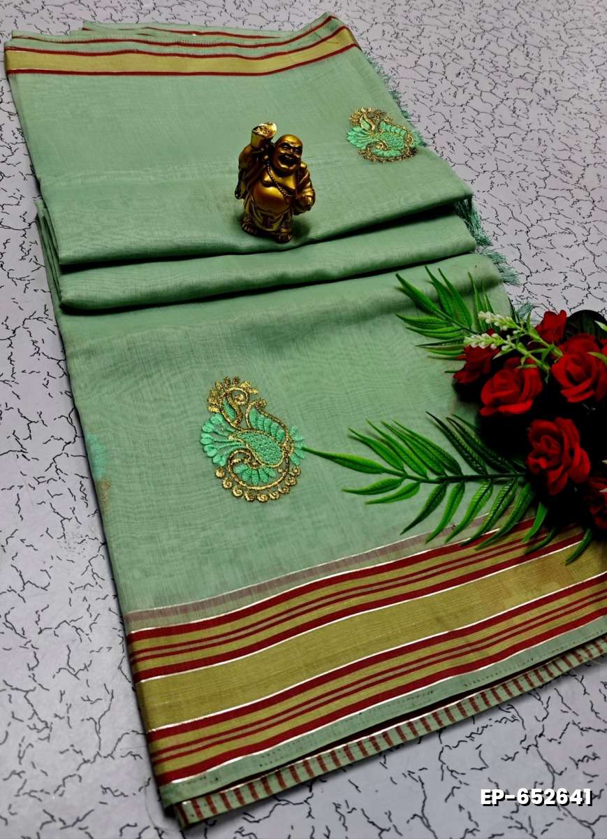 DIGITAL EMBROIDERY PRINTING COTTON SAREES - LIGHT GREEN