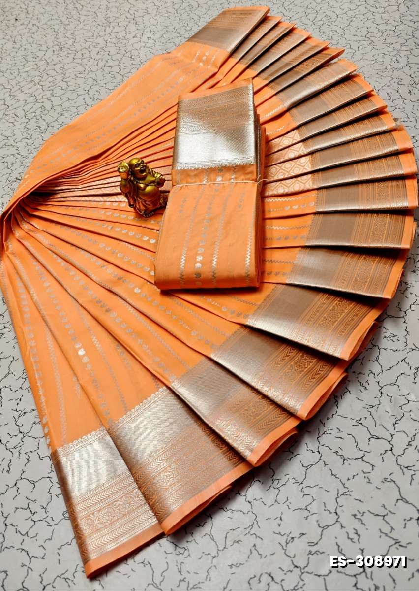 BRIDAL SILK GOLD SILVAR AND COPPER ZARI WEAVE AND WEDDING ART SILK SAREES - PEACH COLOUR