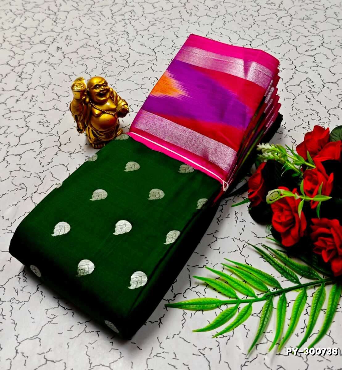 BANARASI POCHAMPALLY ALL OVER BODY SILVAR ZARI BUTTA DESIGN   FUNCTION WEAR SOFT SILK SAREES - DARK GREEN