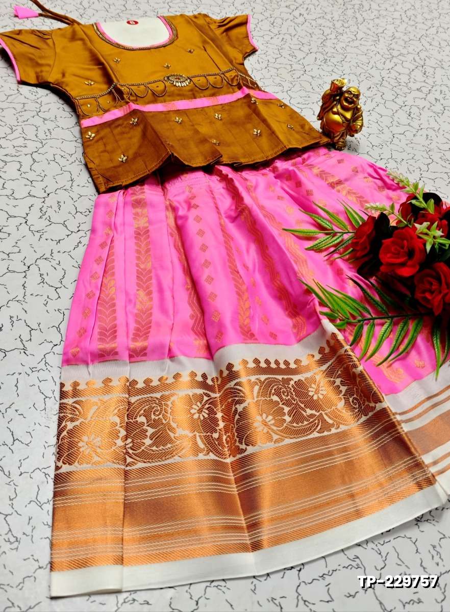 FESTIVAL AND FUNCTION WEAR TRADITIONAL KIDS PATTU PAVADAI STONE WORK DESIGN - LIGHT ORANGE