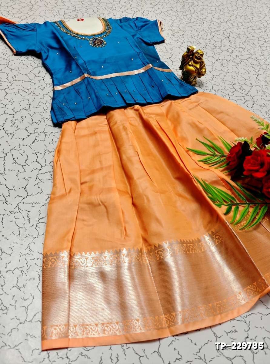 FESTIVAL AND FUNCTION WEAR TRADITIONAL KIDS PATTU PAVADAI STONE WORK DESIGN - BLUE SHADE