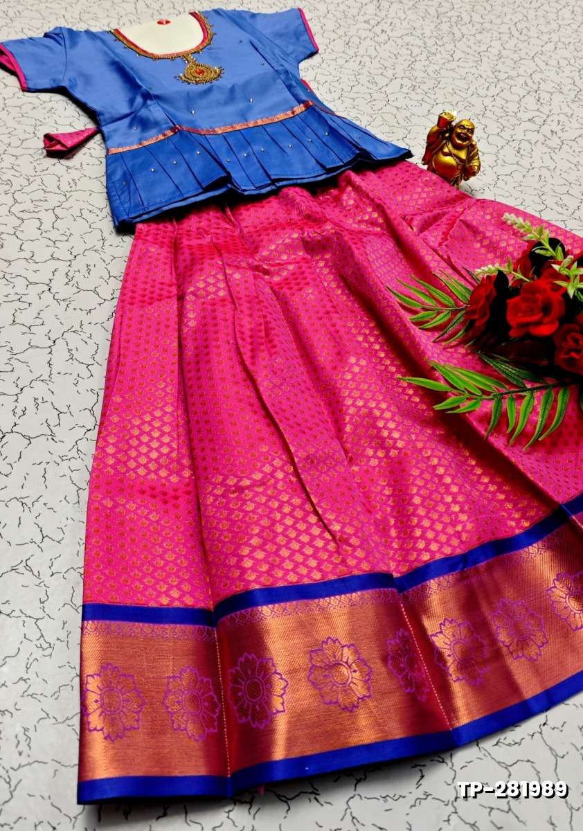 FESTIVAL AND FUNCTION WEAR TRADITIONAL KIDS PATTU PAVADAI STONE WORK DESIGN - BLUE COLOUR (2)