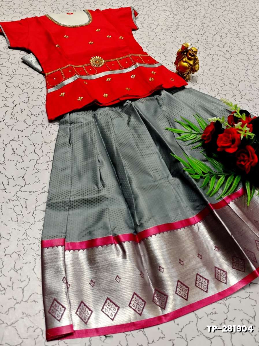 FESTIVAL AND FUNCTION WEAR TRADITIONAL KIDS PATTU PAVADAI STONE WORK DESIGN - RED (1)