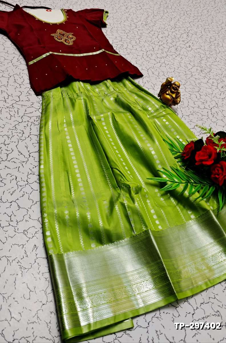 FESTIVAL AND FUNCTION WEAR TRADITIONAL KIDS PATTU PAVADAI STONE WORK DESIGN - MERUN (1)