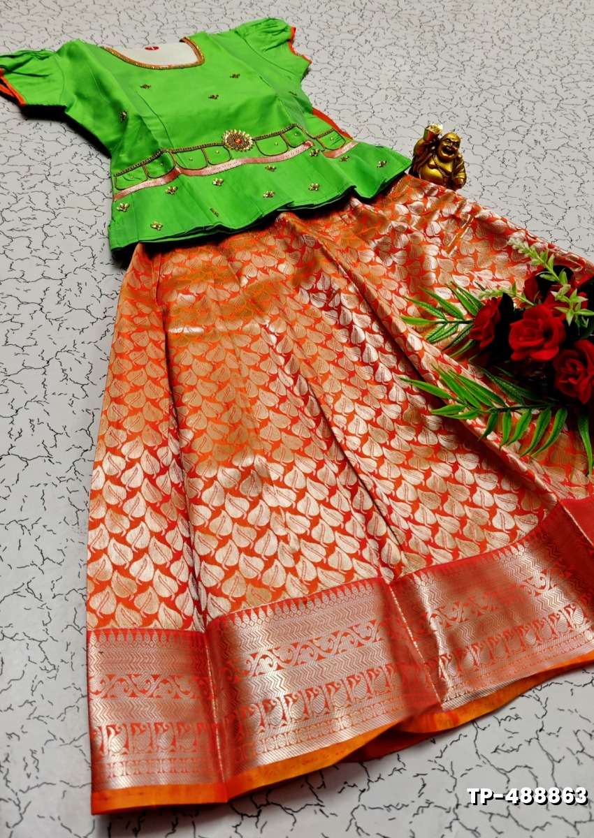 FESTIVAL AND FUNCTION WEAR TRADITIONAL KIDS PATTU PAVADAI STONE WORK DESIGN - GREEN COLOUR