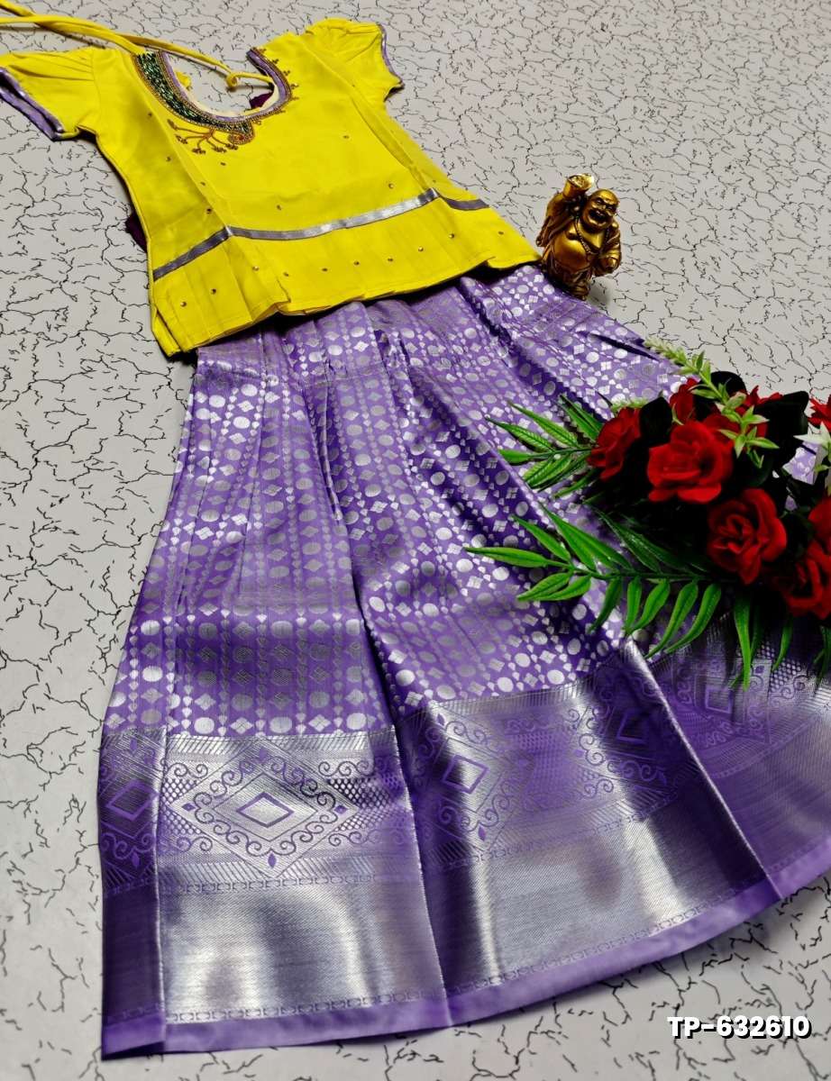 FESTIVAL AND FUNCTION WEAR TRADITIONAL KIDS PATTU PAVADAI STONE WORK DESIGN - YELLOW