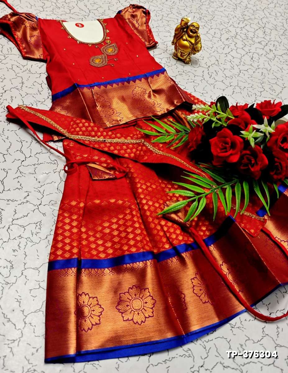 FESTIVAL AND FUNCTION WEAR TRADITIONAL KIDS PATTU PAVADAI STONE WORK DESIGN - RED (2)
