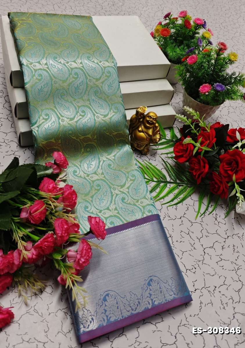 BRIDAL SILK GOLD SILVAR AND COPPER ZARI WEAVE AND WEDDING ART SILK SAREES - LIGHT GREEN SHADE