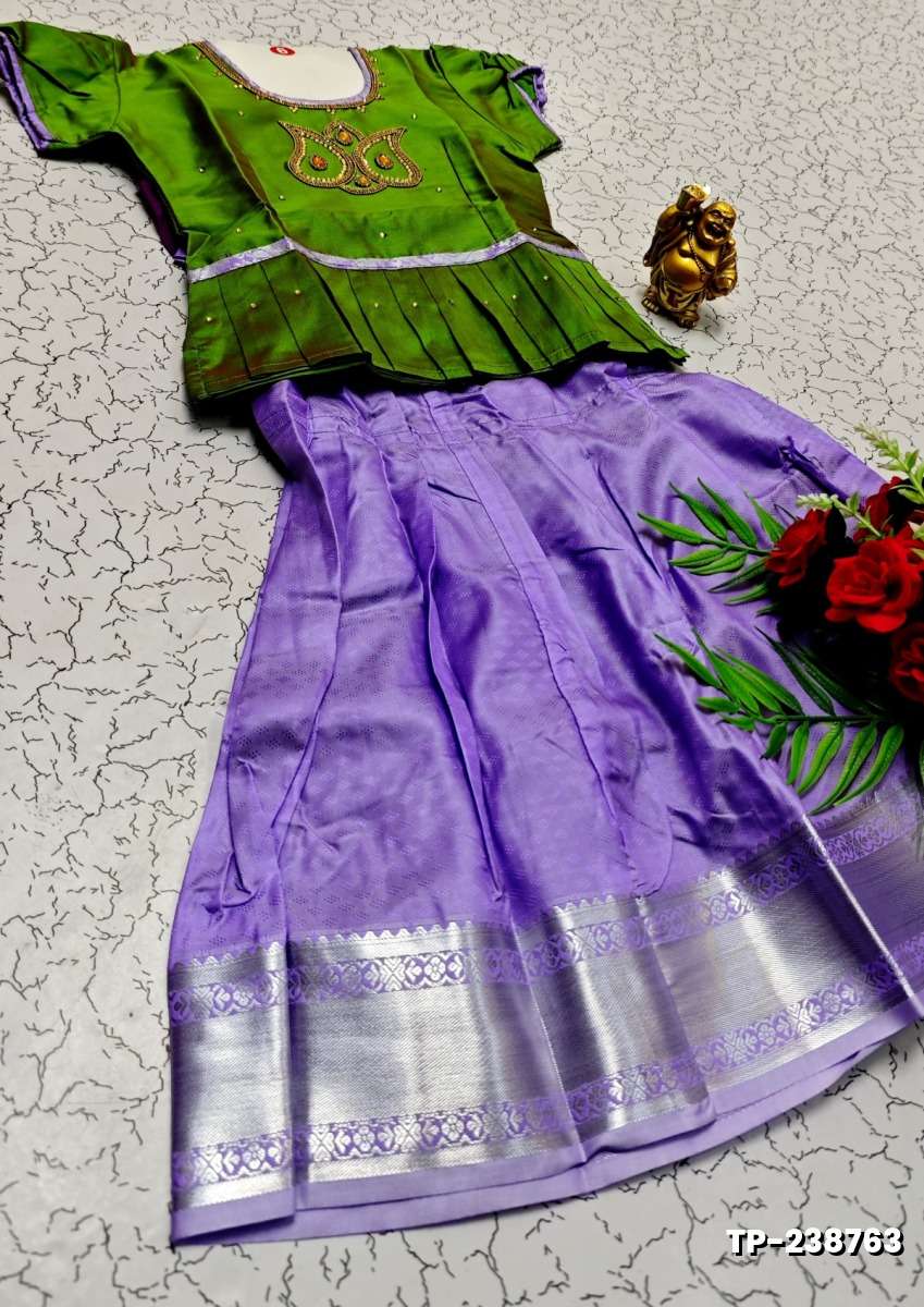 FESTIVAL AND FUNCTION WEAR TRADITIONAL KIDS PATTU PAVADAI STONE WORK DESIGN - GREEN COLOUR (1)