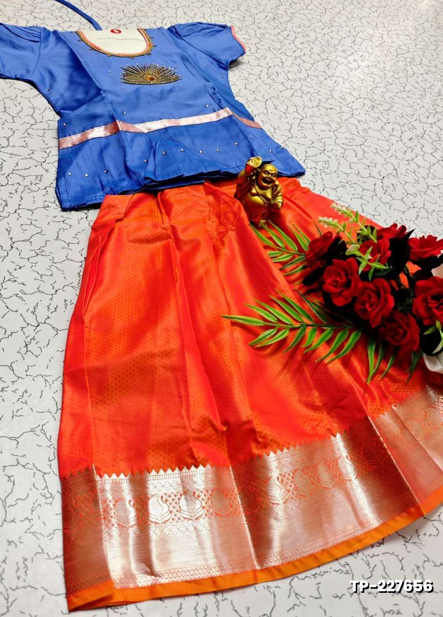 FESTIVAL AND FUNCTION WEAR TRADITIONAL KIDS PATTU PAVADAI STONE WORK DESIGN - NORMAL  BLUE