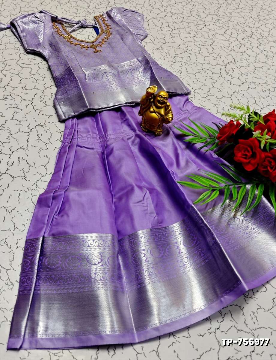 FESTIVAL AND FUNCTION WEAR TRADITIONAL KIDS PATTU PAVADAI STONE WORK DESIGN - MAUVE COLOUR (1)