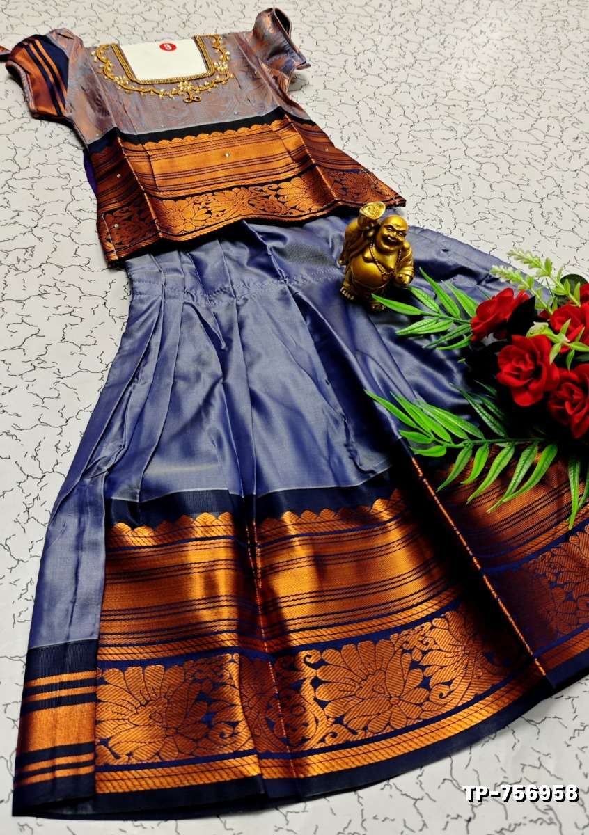 FESTIVAL AND FUNCTION WEAR TRADITIONAL KIDS PATTU PAVADAI STONE WORK DESIGN - PURPLE