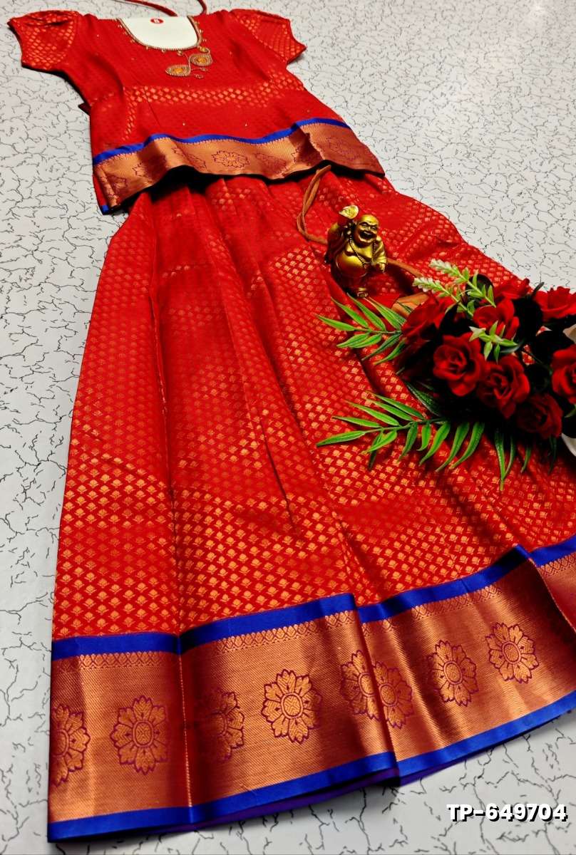 FESTIVAL AND FUNCTION WEAR TRADITIONAL KIDS PATTU PAVADAI STONE WORK DESIGN - RED (3)