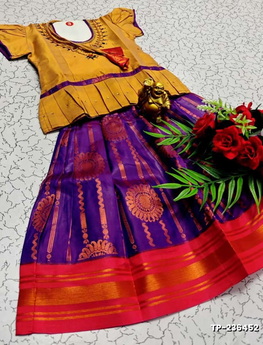 FESTIVAL AND FUNCTION WEAR TRADITIONAL KIDS PATTU PAVADAI STONE WORK DESIGN - VENTHAYA COLOUR (2)