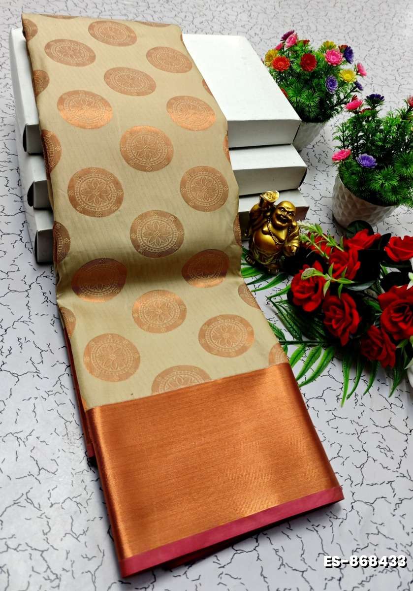 BRIDAL SILK GOLD SILVAR AND COPPER ZARI WEAVE AND WEDDING ART SILK SAREES - CREAM (2)