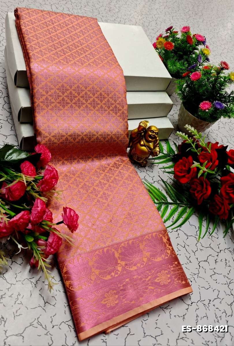 BRIDAL SILK GOLD SILVAR AND COPPER ZARI WEAVE AND WEDDING ART SILK SAREES - BABY PINK (4)