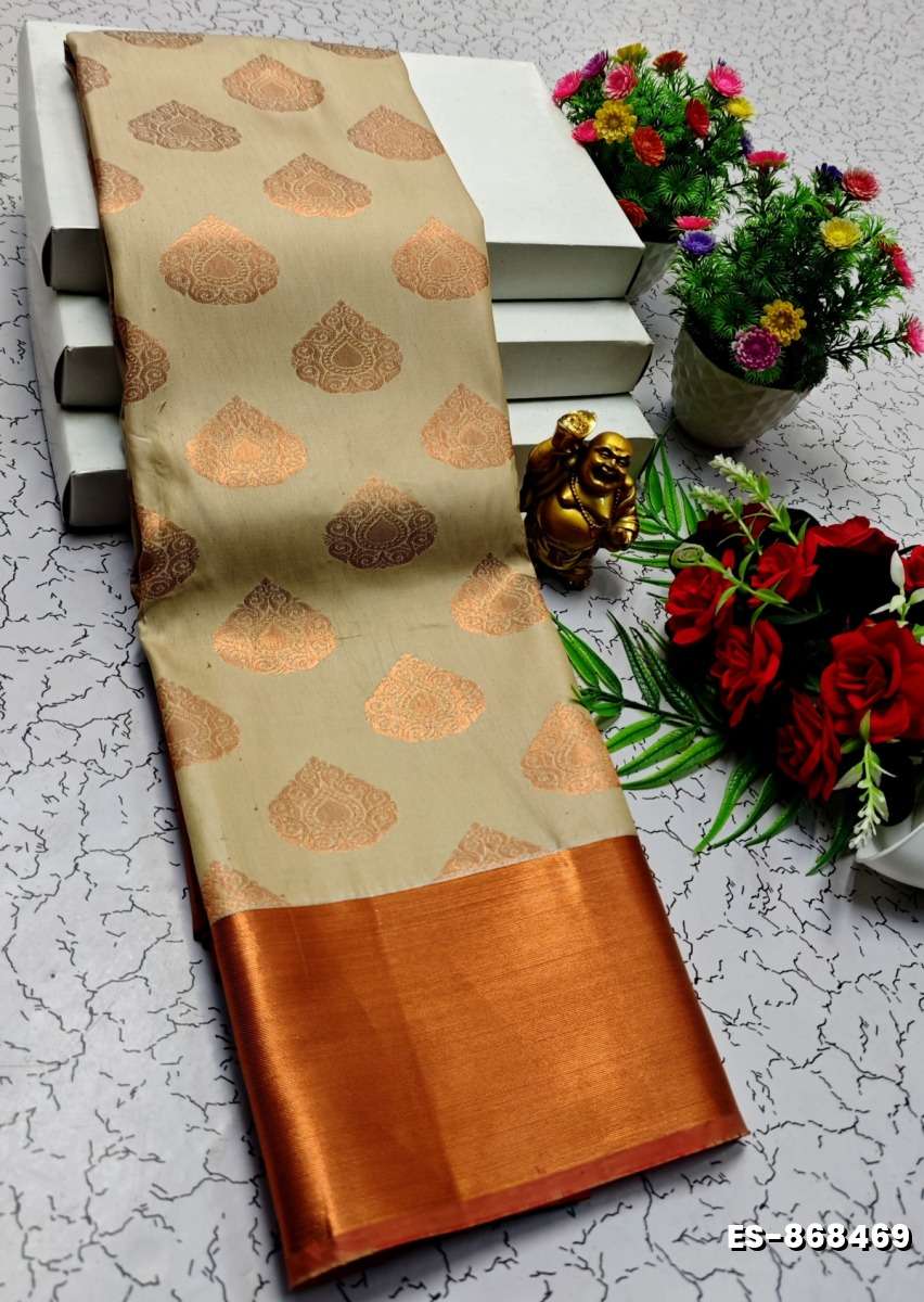 BRIDAL SILK GOLD SILVAR AND COPPER ZARI WEAVE AND WEDDING ART SILK SAREES - BEIGE COLOUR (3)