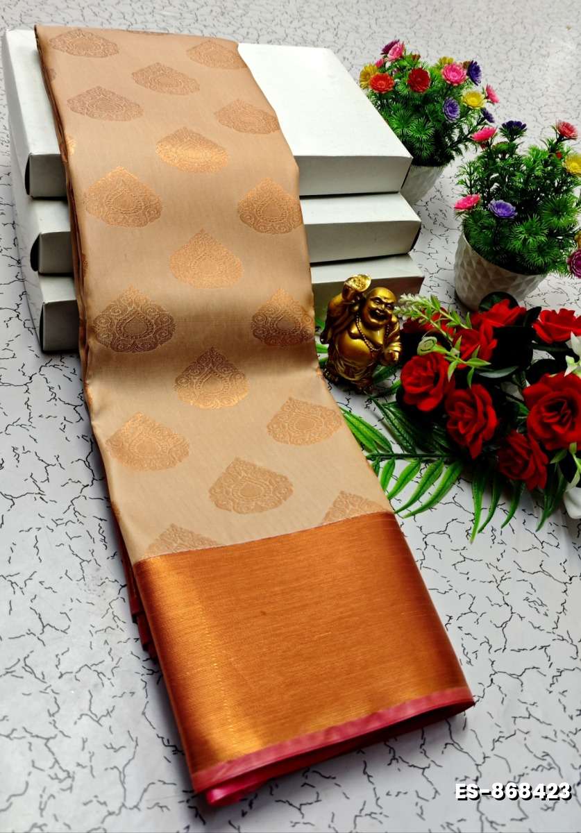 BRIDAL SILK GOLD SILVAR AND COPPER ZARI WEAVE AND WEDDING ART SILK SAREES - LIGHT SANDLE (3)