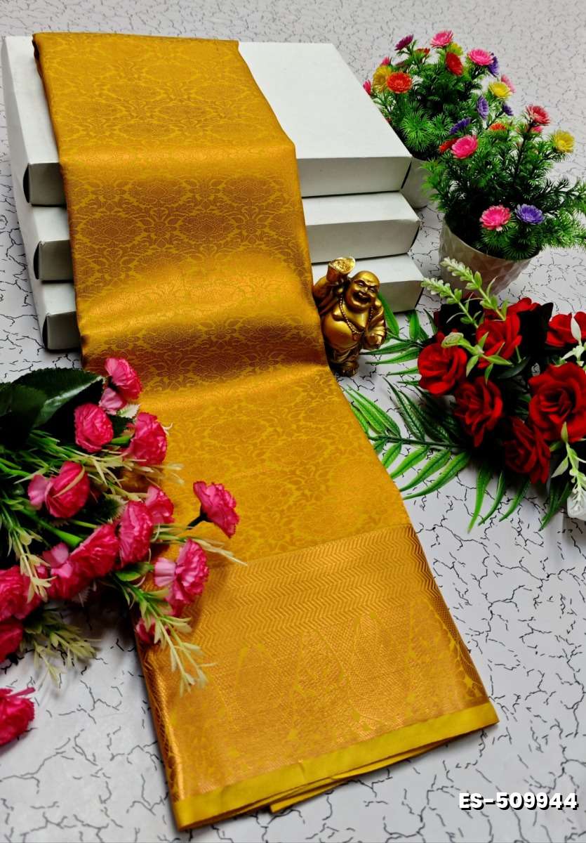 BRIDAL SILK GOLD SILVAR AND COPPER ZARI WEAVE AND WEDDING ART SILK SAREES - LIGHT YELLOW