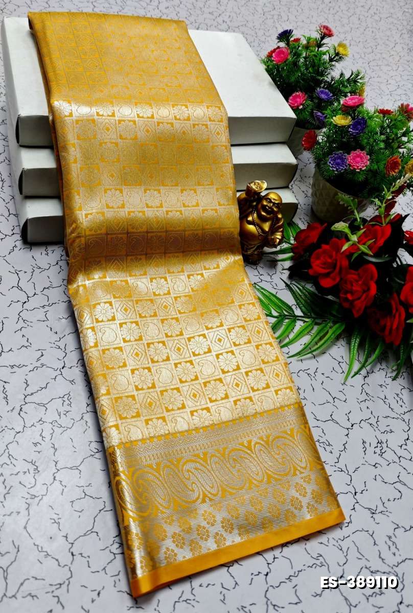 BRIDAL SILK GOLD SILVAR AND COPPER ZARI WEAVE AND WEDDING ART SILK SAREES - YELLOW (1)