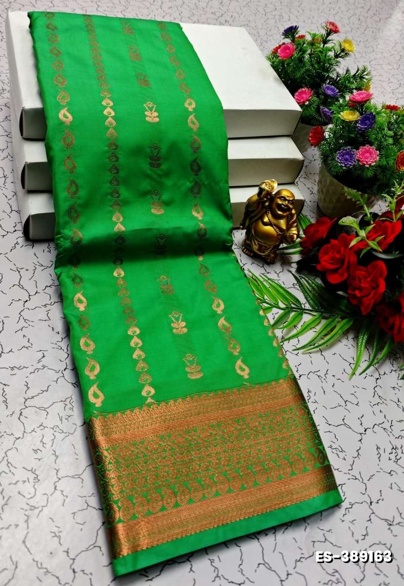 BRIDAL SILK GOLD SILVAR AND COPPER ZARI WEAVE AND WEDDING ART SILK SAREES - GREEN COLOUR (1)