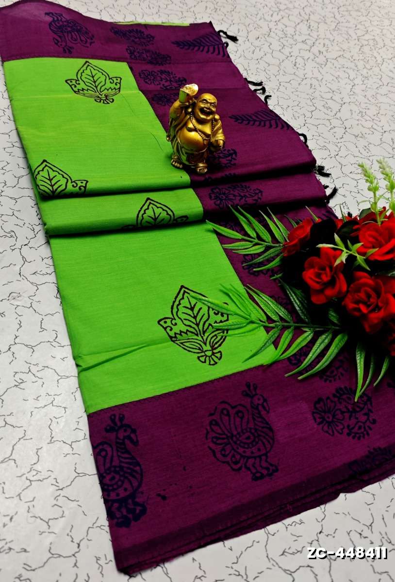 TRENDY AND FANCY ZIGZAG  BORDER STITCH COTTON SAREES - PARET GREEN
