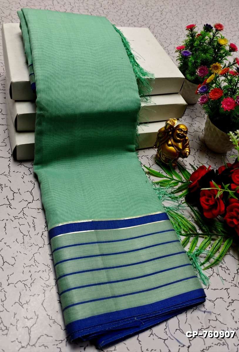 FANCY PLAIN COTTON SOFT SILK SAREES - TEAL COLOUR