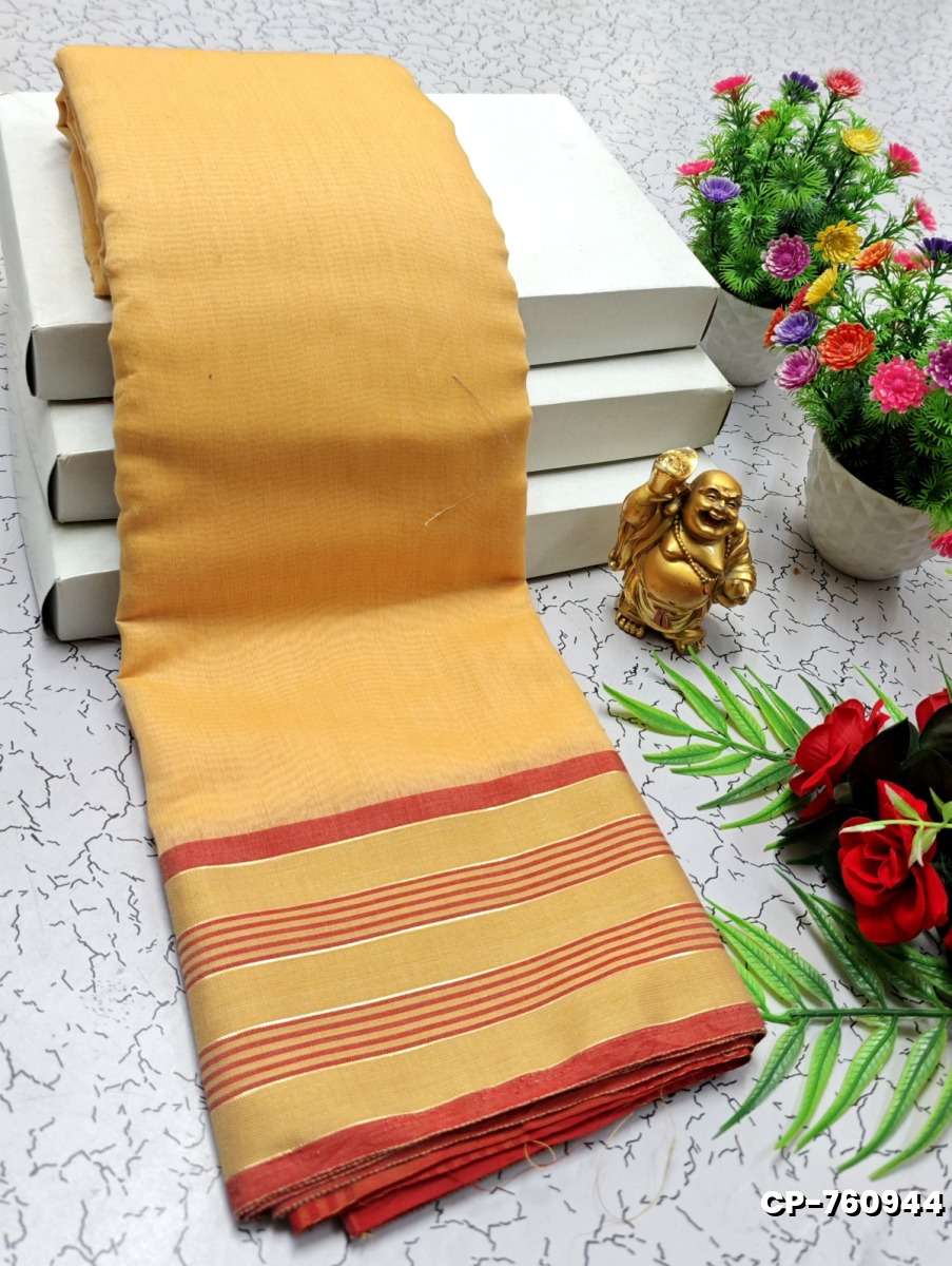 FANCY PLAIN COTTON SOFT SILK SAREES - LIGHT YELLOW (1)
