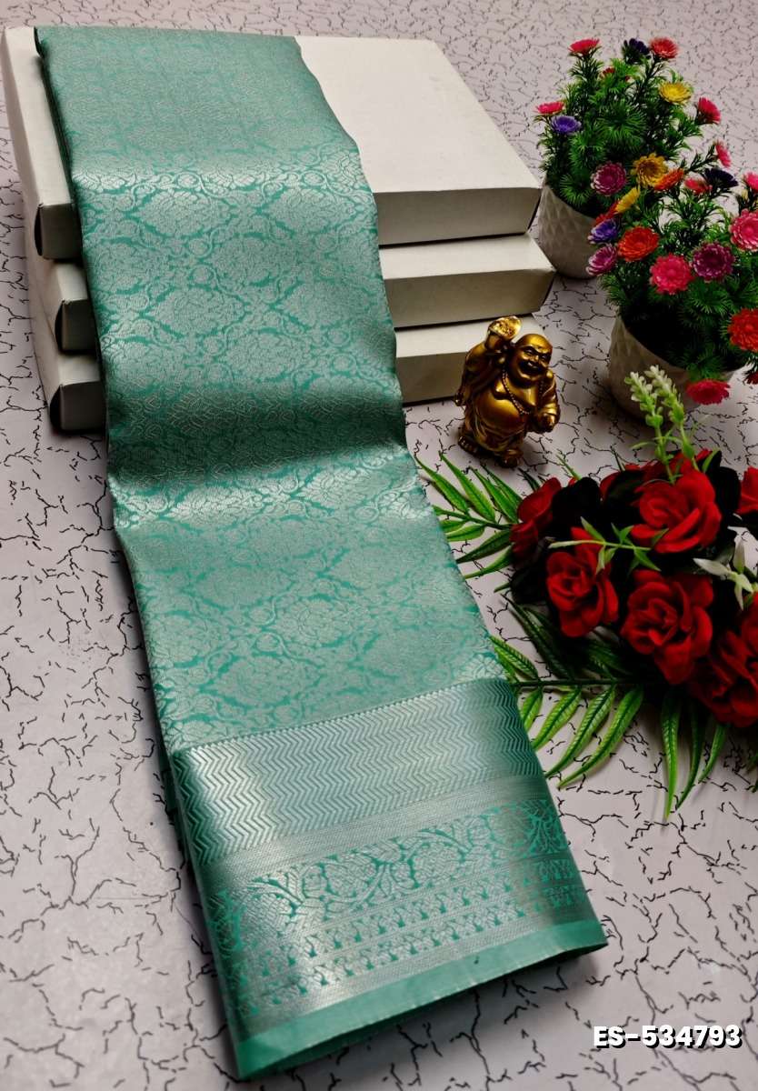 BRIDAL SILK GOLD SILVAR AND COPPER ZARI WEAVE AND WEDDING ART SILK SAREES - TURQUOISE GREEN (2)