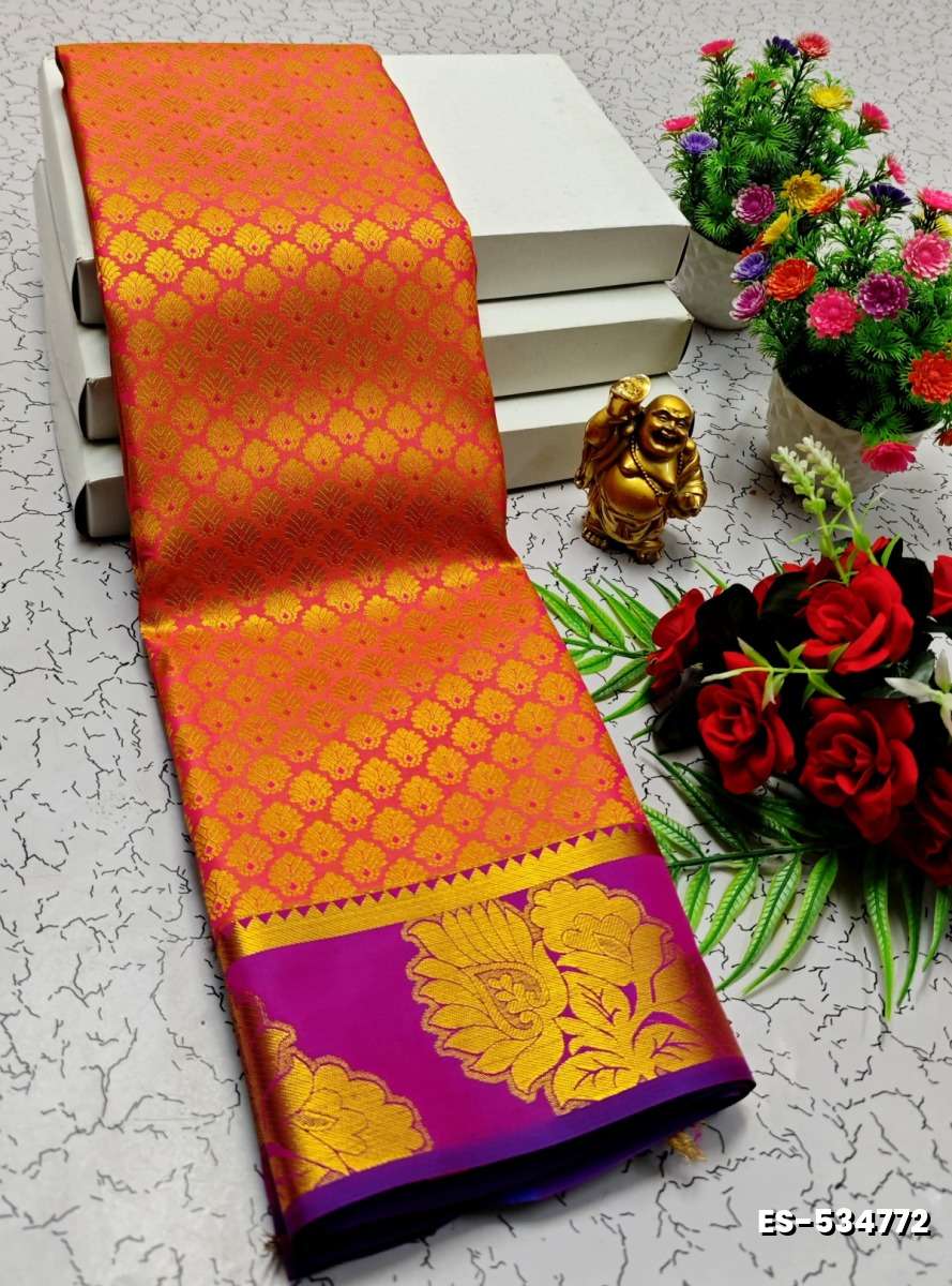 BRIDAL SILK GOLD SILVAR AND COPPER ZARI WEAVE AND WEDDING ART SILK SAREES - CORAL COLOUR (4)
