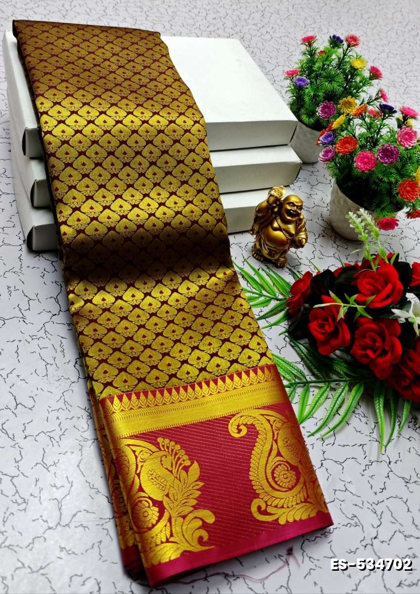 BRIDAL SILK GOLD SILVAR AND COPPER ZARI WEAVE AND WEDDING ART SILK SAREES - MERUN (3)