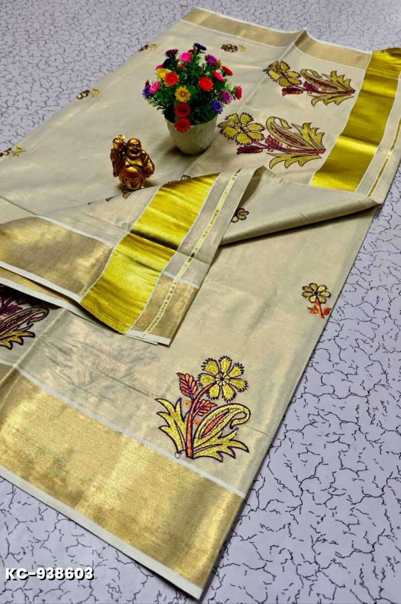 TRENDING KERALA SPECIAL FULL WORK EMBOSSED DIGITAL PRINTING TISSUE SAREE COLLECTIONS