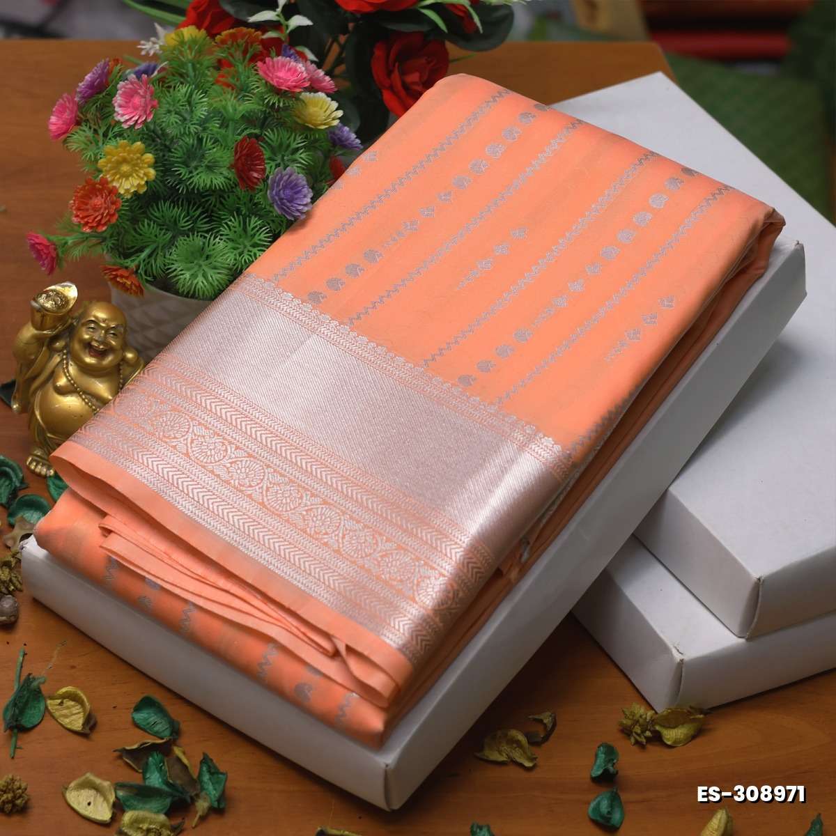 BRIDAL SILK GOLD SILVAR AND COPPER ZARI WEAVE AND WEDDING ART SILK SAREES - PEACH COLOUR