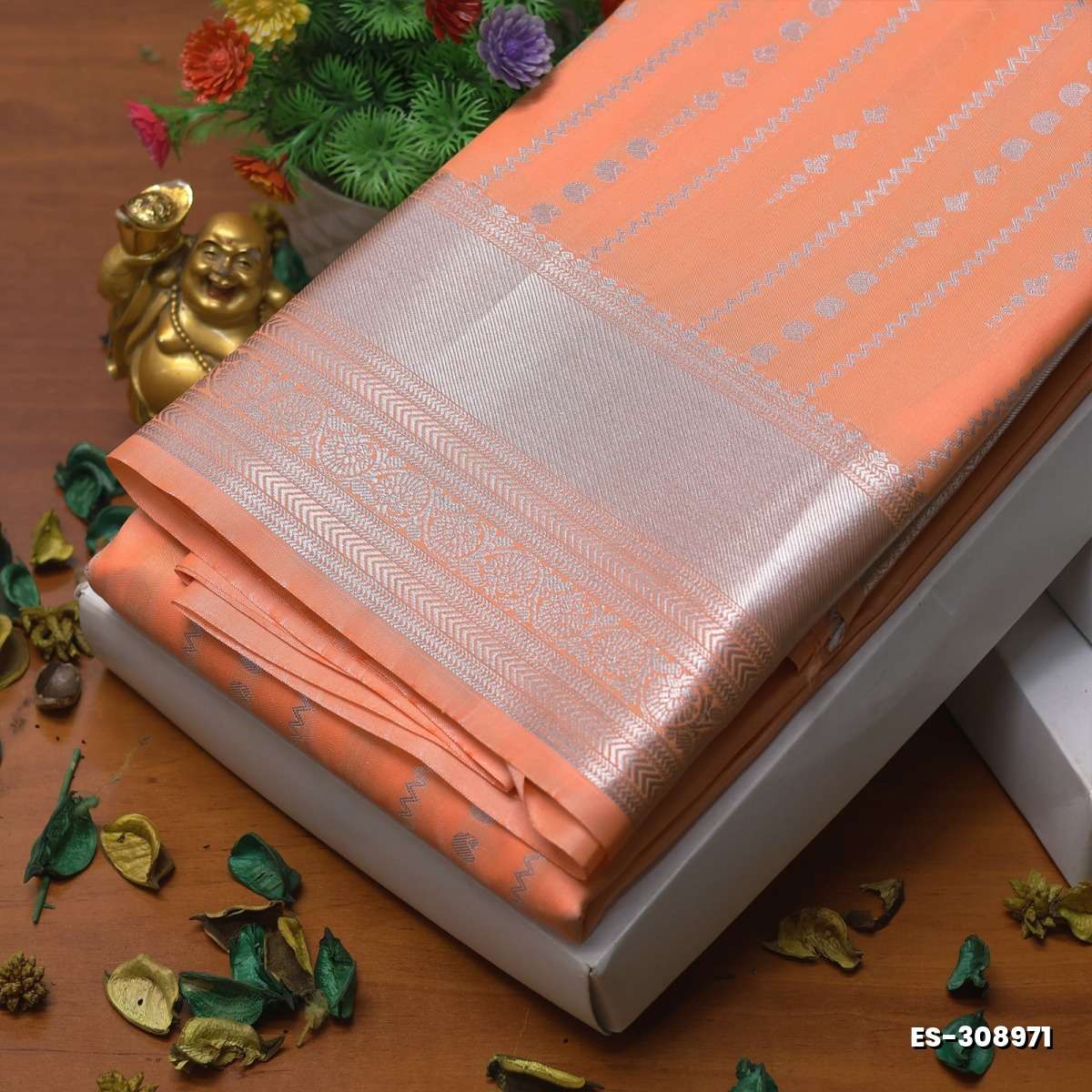BRIDAL SILK GOLD SILVAR AND COPPER ZARI WEAVE AND WEDDING ART SILK SAREES - PEACH COLOUR