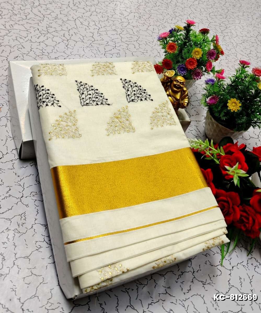 TRENDING KERALA SPECIAL FULL WORK EMBOSSED DIGITAL PRINTING TISSUE SAREE COLLECTIONS - BEIGE COLOUR (46)