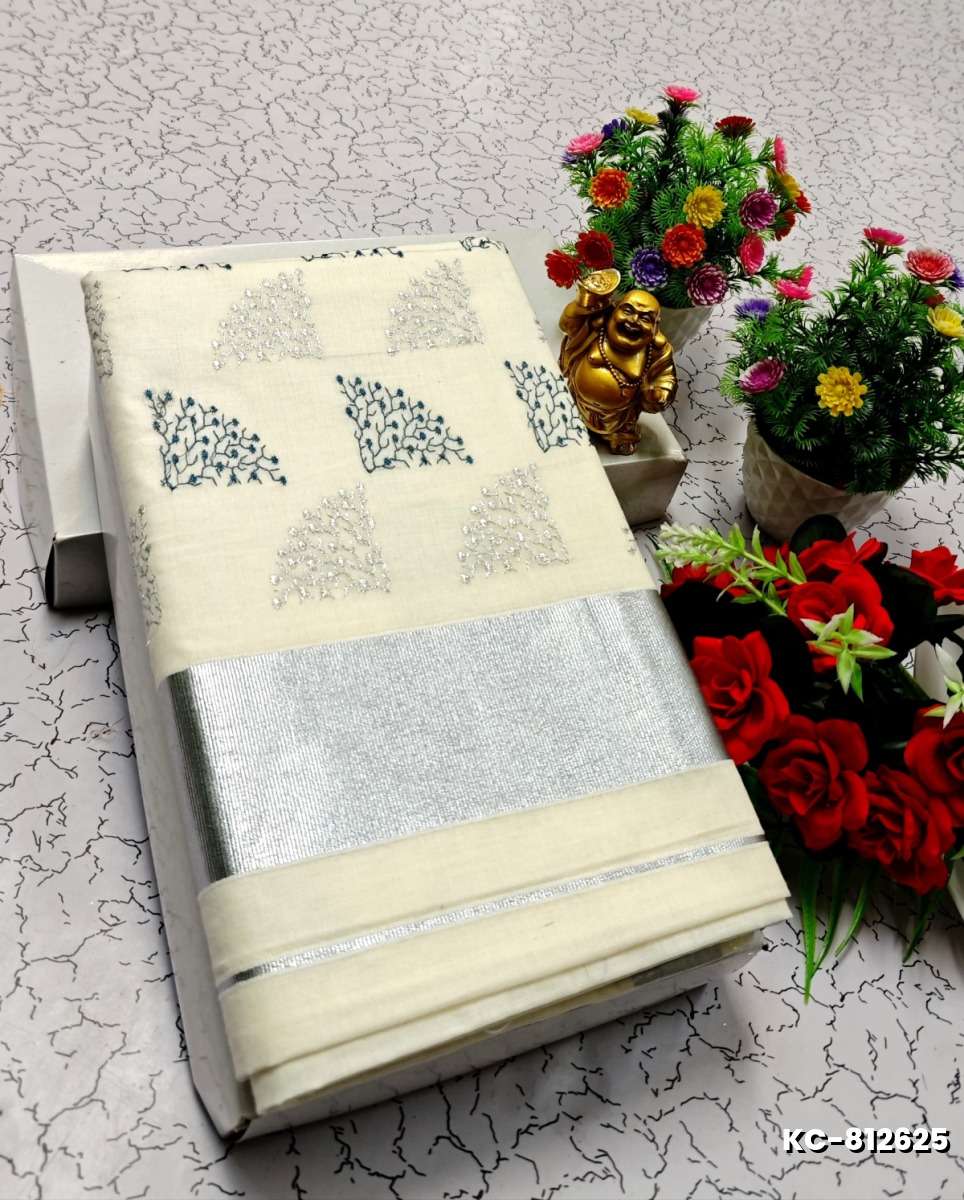 TRENDING KERALA SPECIAL FULL WORK EMBOSSED DIGITAL PRINTING TISSUE SAREE COLLECTIONS - WHITE (56)