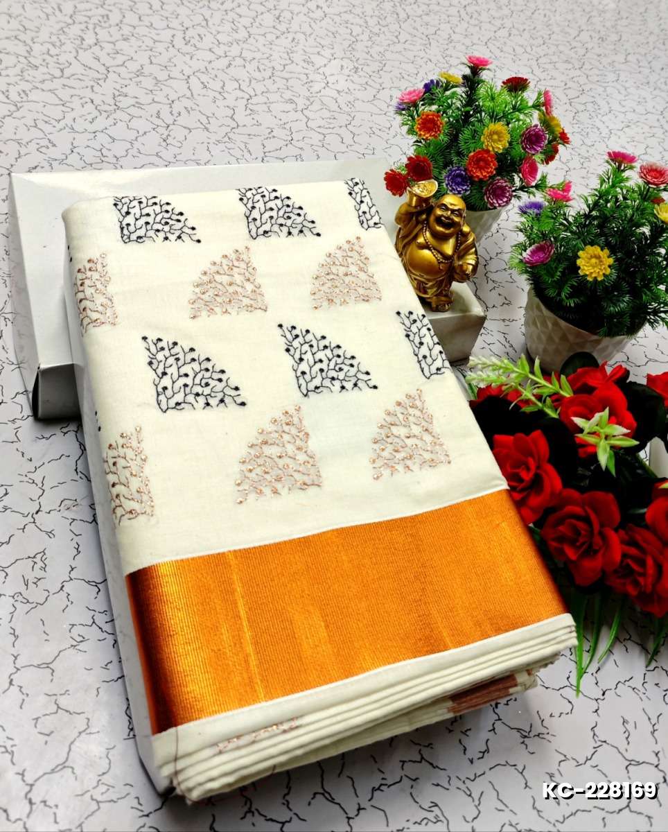 TRENDING KERALA SPECIAL FULL WORK EMBOSSED DIGITAL PRINTING TISSUE SAREE COLLECTIONS - BEIGE COLOUR (47)