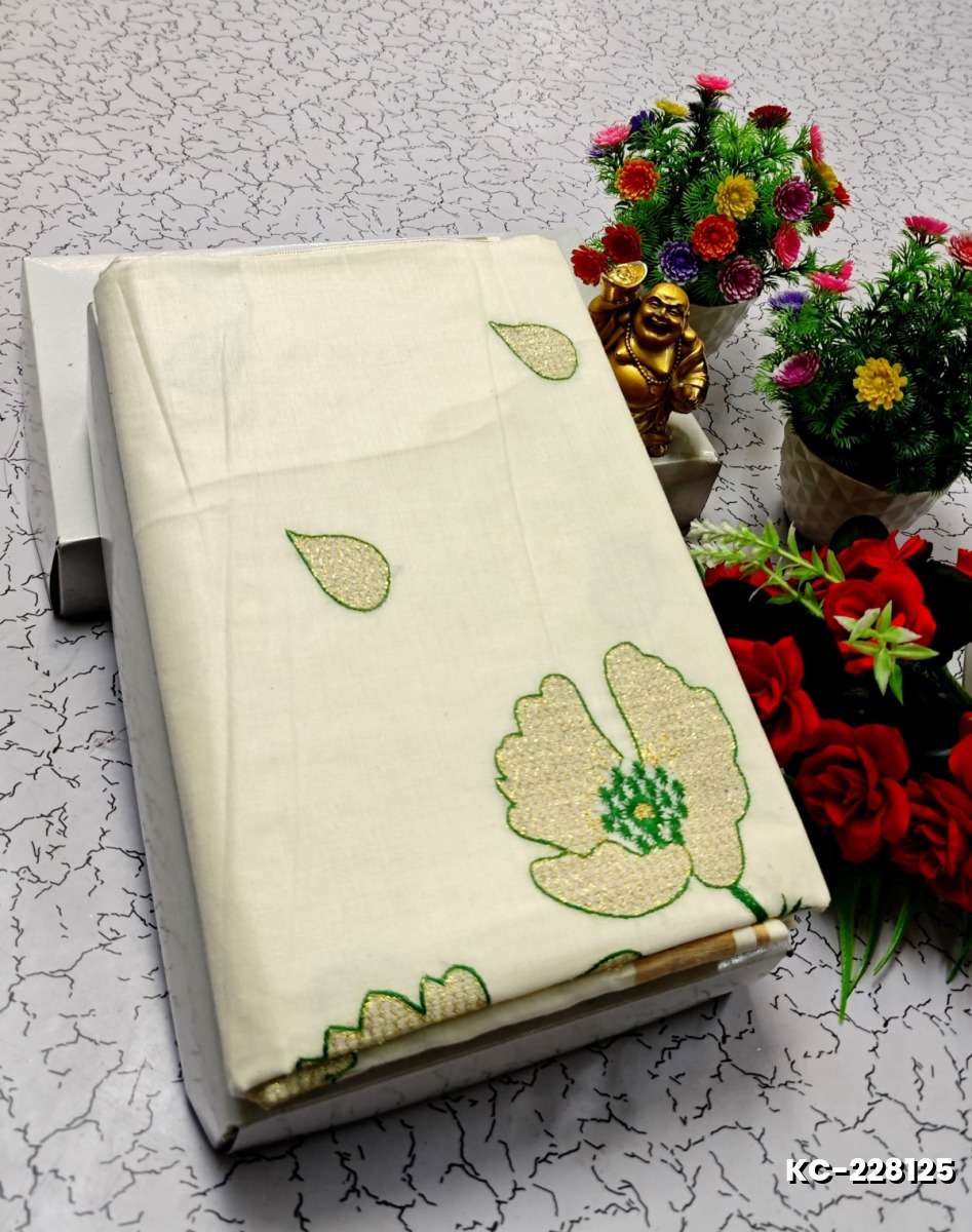 TRENDING KERALA SPECIAL FULL WORK EMBOSSED DIGITAL PRINTING TISSUE SAREE COLLECTIONS - WHITE (57)